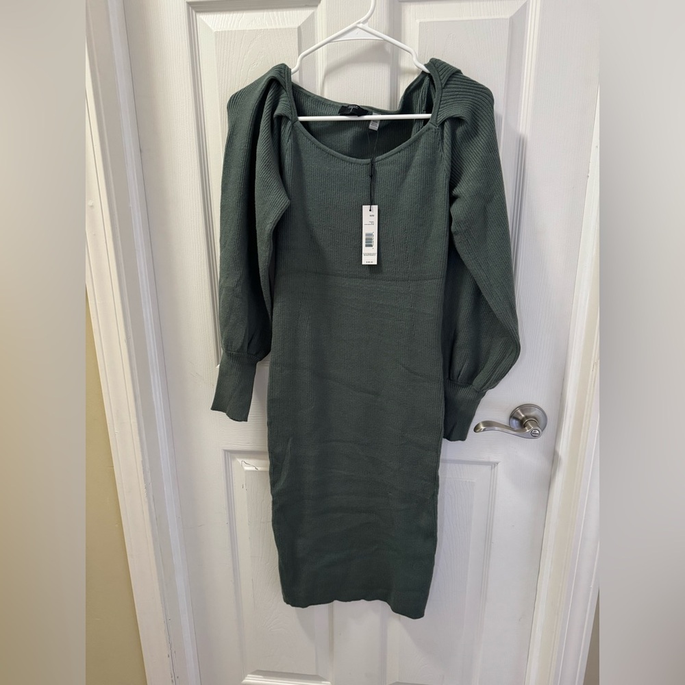 Tahari Ribbed Knit Puff Sleeve Scoop Neck Midi Dress M - Picture 1 of 7